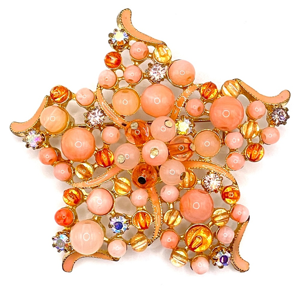 Vintage Pin Brooch Coral Orange Pink Beaded Star Accent Enamel